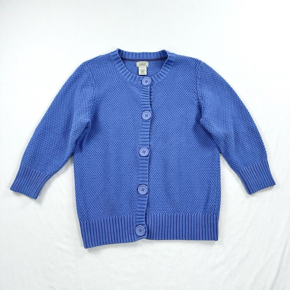 LL Bean Cardigan Sweater Womens Medium Blue Cotton Seed Stitch Chunky Knit